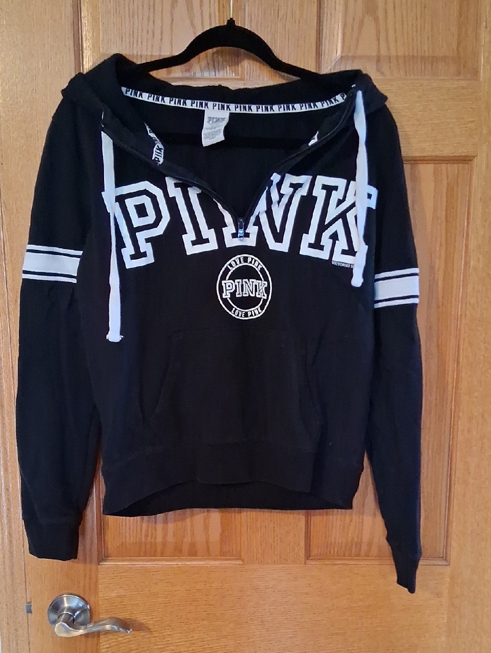 PINK Victoria's Secret Black Half-Zip Hoodie Sweater with White Accents